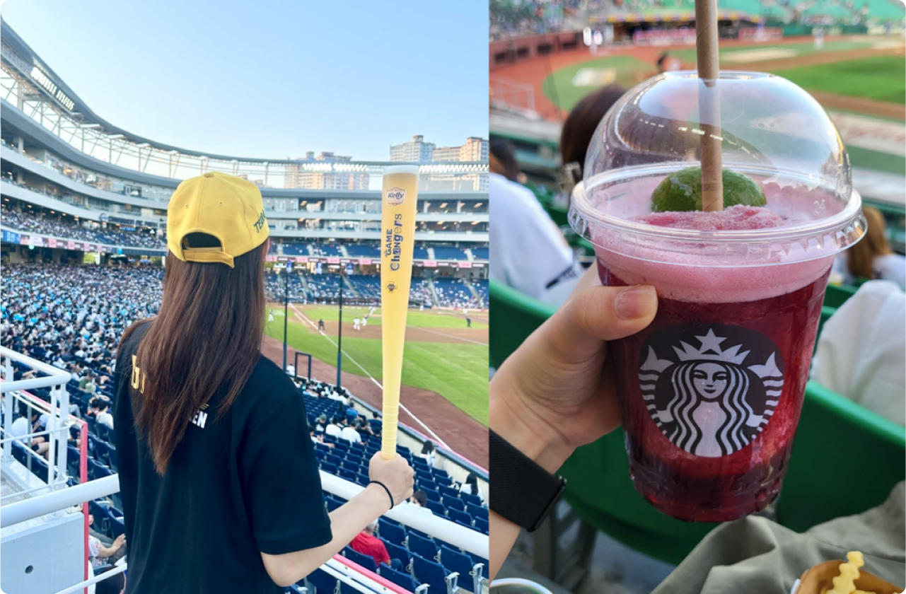(좌) 야구 방망이 모양 맥주잔 ‘비어 배트’ (우) 스타벅스 야구장 한정 메뉴 ‘레드 파워 스매셔’출처 리얼키친더홍맥주 업체 사진, 인터뷰이 제공