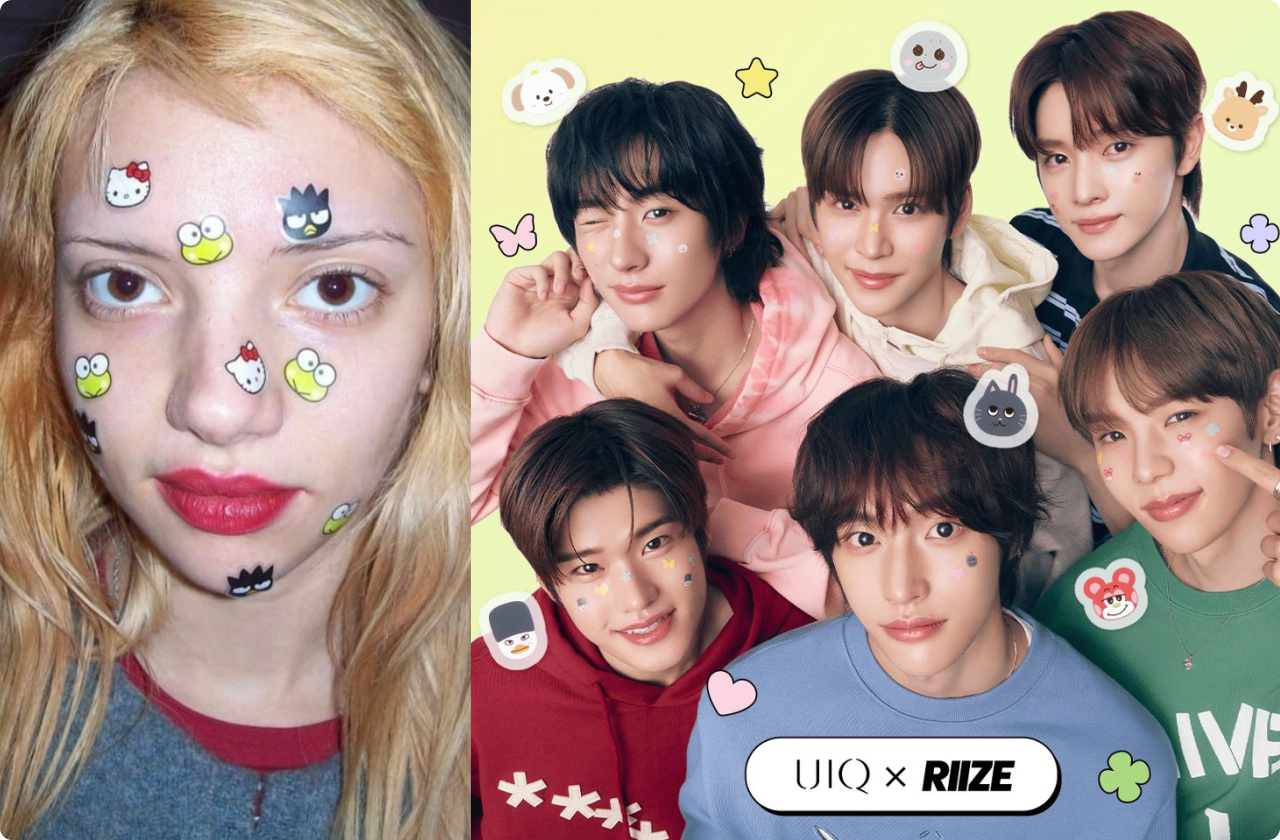 해외에서 유행한 여드름 스팟 패치를 패션 아이템으로 활용한 이미지입니다. 왼쪽 이미지는 ‘스타 페이스’의 스팟 패치를 붙여 얼굴을 꾸민 이미지이며, 오른쪽 이미지는 ‘유이크’와 ‘라이즈’가 콜라보 한 스팟 패치에 대한 이미지입니다. 