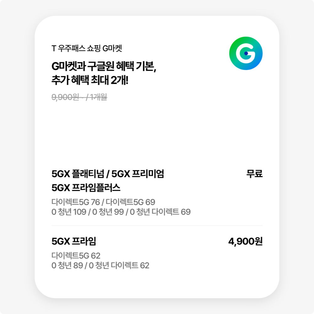 SK텔레콤 고객이 받을 수 있는 T 우주패스 쇼핑 G마켓 혜택을 안내하는 이미지입니다. 상단에는 'T 우주패스 쇼핑 G마켓 - G마켓과 구글원 혜택 기본 제공, 추가 혜택 최대 2개!'라는 문구가 강조되어 있습니다. 하단에는 요금제에 따라 적용 가능한 혜택과 구체적인 조건이 안내되어 있습니다.