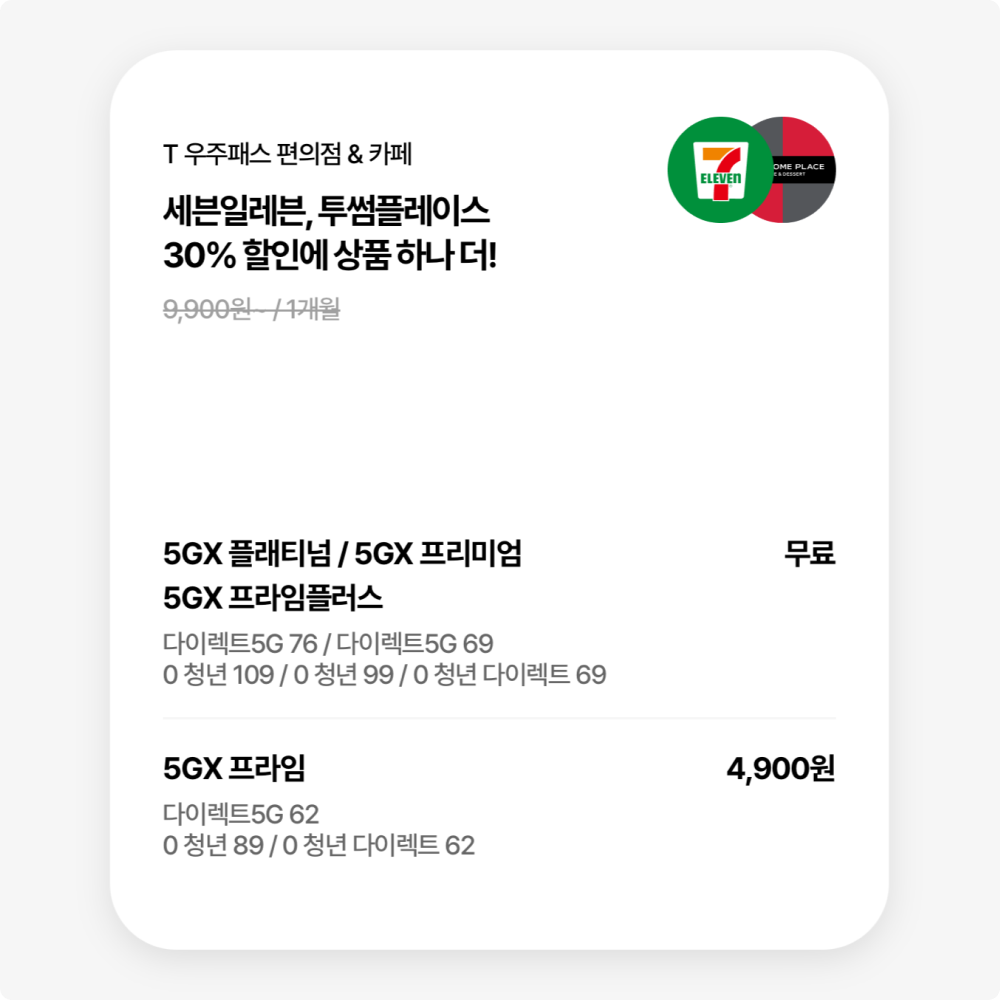 SK텔레콤 고객이 받을 수 있는 T 우주패스 편의점, 카페 혜택을 안내하는 이미지입니다. 상단에는 'T 우주패스 편의점&카페 - 세븐일레븐, 투썸플레이스 30% 할인에 상품 하나 더!'라는 문구가 강조되어 있습니다. 하단에는 요금제에 따라 적용 가능한 혜택과 구체적인 조건이 안내되어 있습니다.