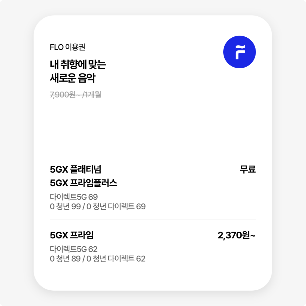 SK텔레콤 고객이 받을 수 있는 FLO 이용권 혜택을 안내하는 이미지입니다. 상단에는 'FLO 이용권 - 내 취향에 맞는 새로운 음악'이라는 문구가 강조되어 있습니다. 하단에는 요금제에 따라 적용 가능한 혜택과 구체적인 조건이 안내되어 있습니다.